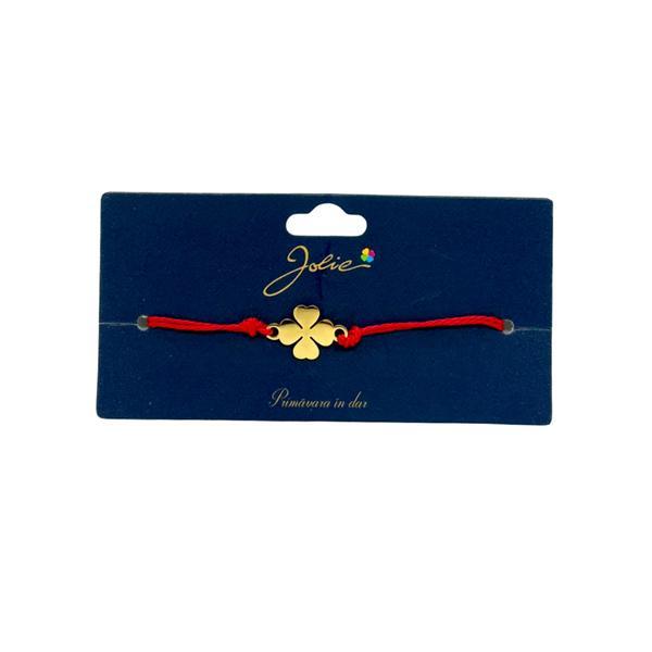 Brățară din inox auriu cu șnur roșu, model Trifoi Norocos, reglabilă