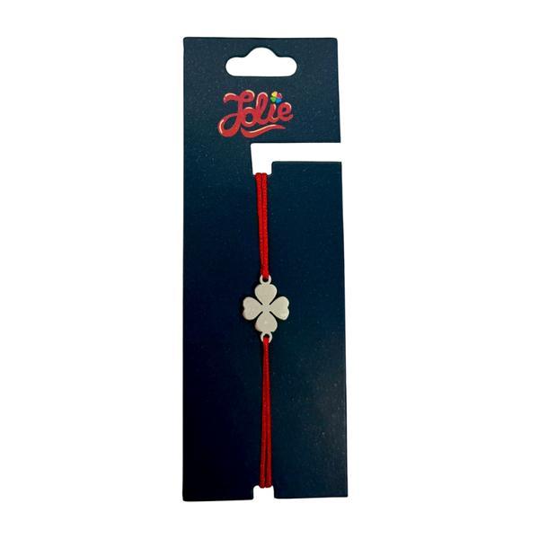 Brățară din inox argintiu cu șnur roșu pentru copii, model Trifoi cu patru foi, reglabilă