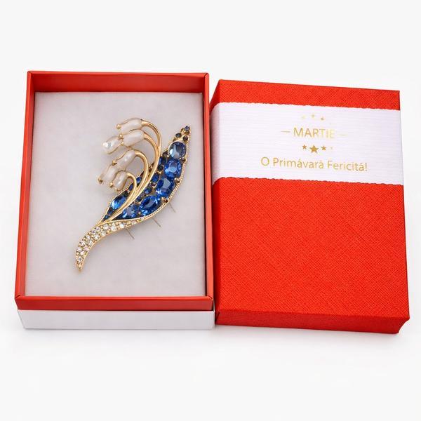 Broșă Elegantă Ghiocei cu Accente Albastre &ndash; Mărțișor de Primăvară, Accesoriu Delicat pentru Femei