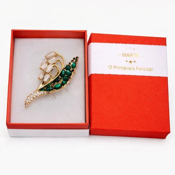 Broșă Elegantă Ghiocei cu Accente Verzi &ndash; Mărțișor de Primăvară, Accesoriu Delicat pentru Femei