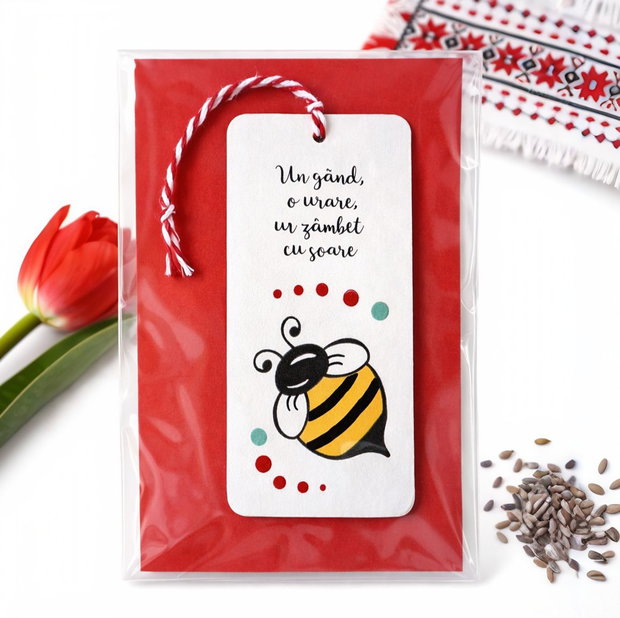 Minisemn de carte martisor albinuta pictat manual cu mesaj