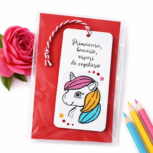 Minisemn de carte martisor unicorn pictat personalizat cu mesaj