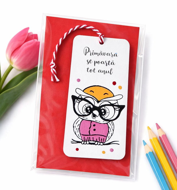 Minisemn de carte martisor bufnita pictat personalizat cu mesaj