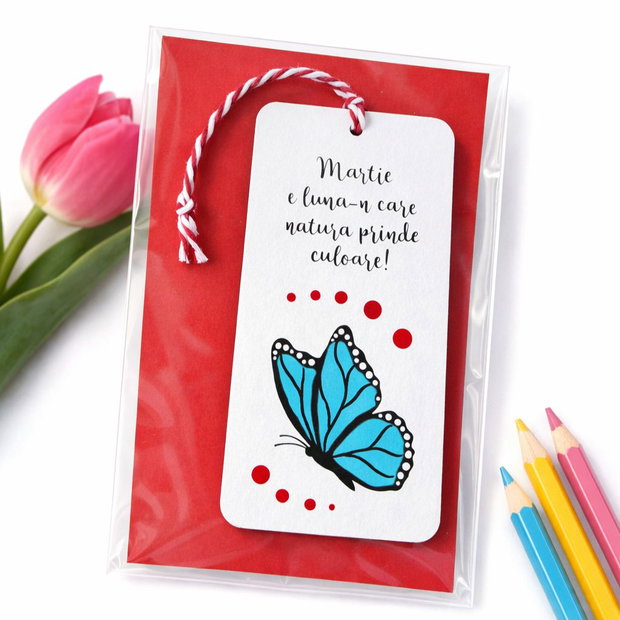 Minisemn de carte martisor fluturas pictat personalizat cu mesaj