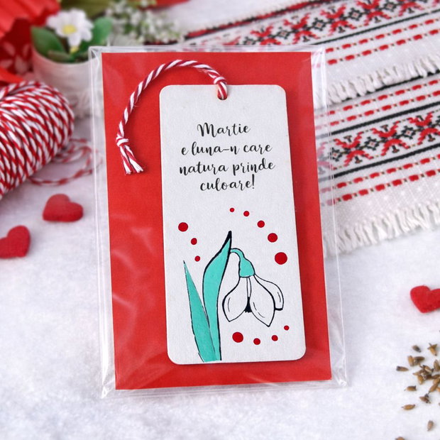 Minisemn de carte martisor ghiocel pictat personalizat cu mesaj