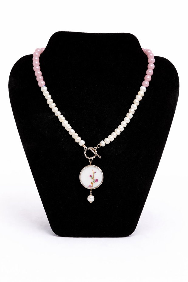 Colier "Quartz Sakura" cu pandantiv din argint si fragment de portelan