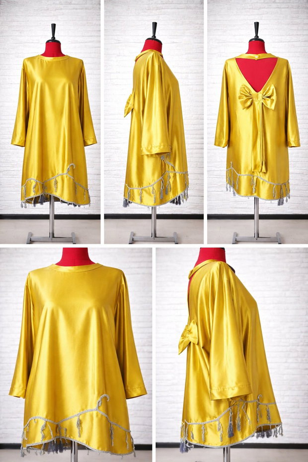 Rochie galben-auriu cu fundă decorativă și aplicații croșetate