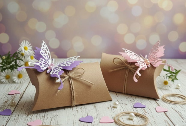 Cutie craft  decorată cu fluture dantelat mov