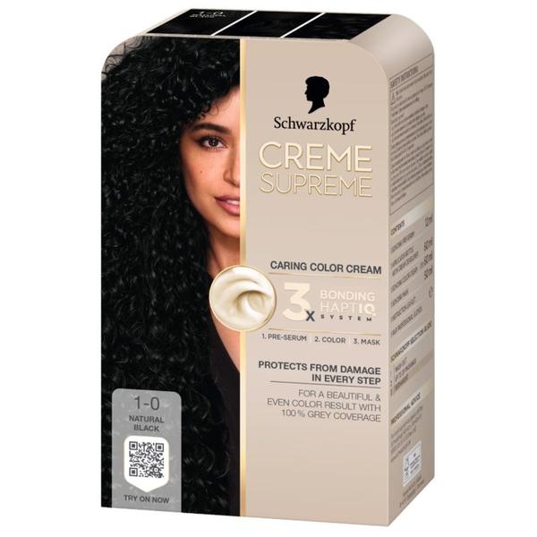 Vopsea Permanenta - Crema Coloranta de Ingrijire - Schwarzkopf Creme Supreme 3x Bonding HaptIQ System, nuanta 1-0 Negru Natural, 1 pachet