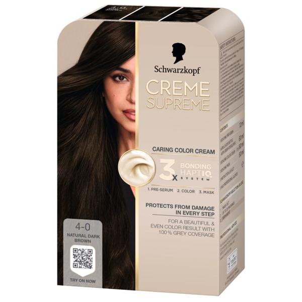 Vopsea Permanenta - Crema Coloranta de Ingrijire - Schwarzkopf Creme Supreme 3x Bonding HaptIQ System, nuanta 4-0 Saten Natural, 1 pachet