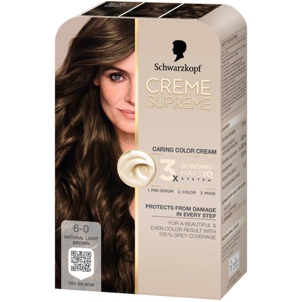 Vopsea Permanenta - Crema Coloranta de Ingrijire - Schwarzkopf Creme Supreme 3x Bonding HaptIQ System, nuanta 6-0 Saten Deschis Natural, 1 pachet