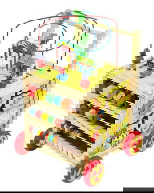 Antemergator si Cub Educational ISP WoodWalker pentru Copii, din Lemn Natural, 6 in 1, cu Multiple tipuri de joaca si roti anti-alunecare, Nontoxic, Galben/Rosu