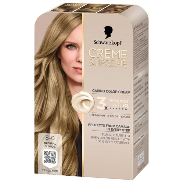 Vopsea Permanenta - Crema Coloranta de Ingrijire - Schwarzkopf Creme Supreme 3x Bonding HaptIQ System, nuanta 8-0 Blond Natural, 1 pachet