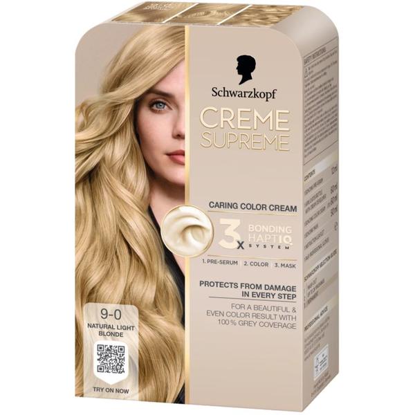Vopsea Permanenta - Crema Coloranta de Ingrijire - Schwarzkopf Creme Supreme 3x Bonding HaptIQ System, nuanta 9-0 Blond Deschis Natural, 1 pachet