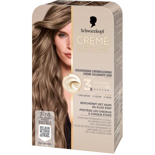 Vopsea Permanenta - Crema Coloranta de Ingrijire - Schwarzkopf Creme Supreme 3x Bonding HaptIQ System, nuanta 7-16 Blond Rece Cenusiu, 1 pachet
