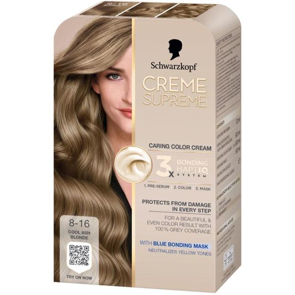 Vopsea Permanenta - Crema Coloranta de Ingrijire - Schwarzkopf Creme Supreme 3x Bonding HaptIQ System, nuanta 8-16 Blond Cenusiu Rece, 1 pachet