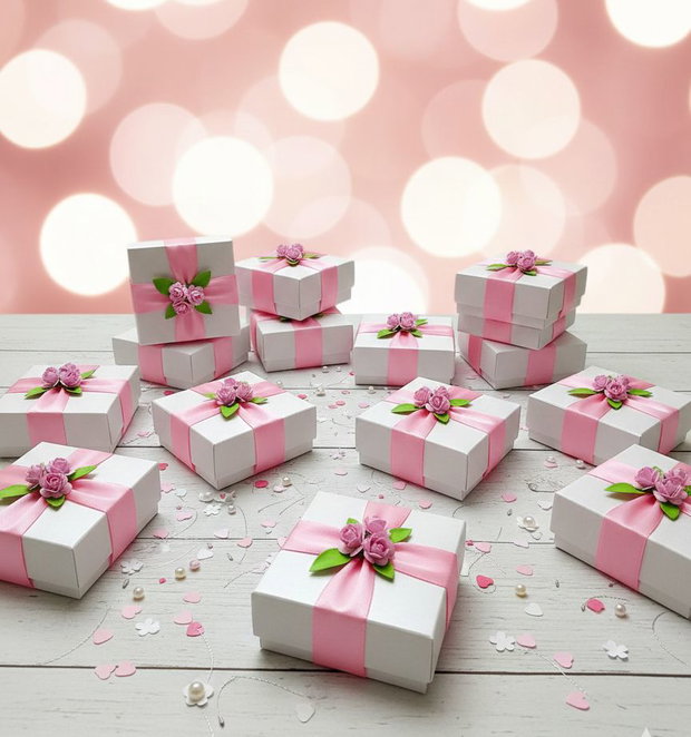 Cutii albe decorate cu trandafiri roz mărturii nuntă, botez