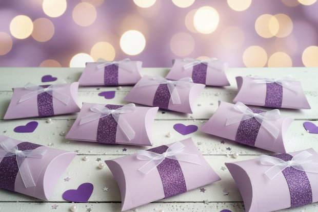 Cutii mărturii nuntă carton glitter și fundă albă