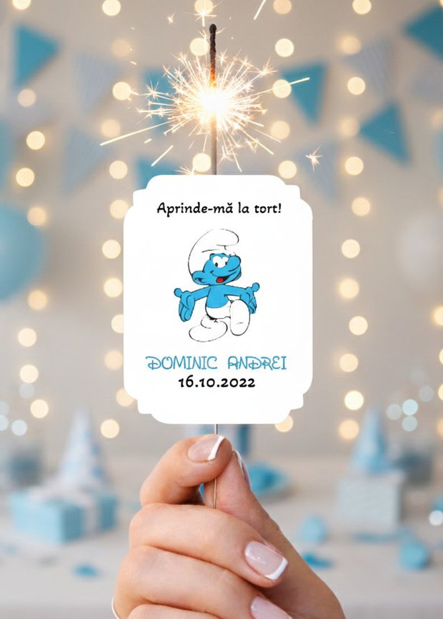 Etichete artificii tort personalizate tematică Ștrumf
