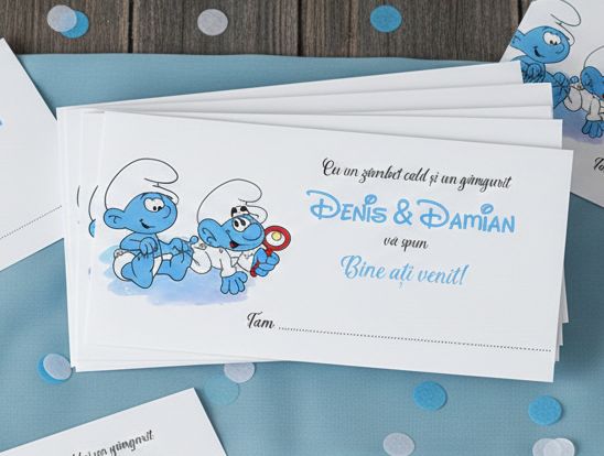 Plicuri bani botez băieței gemeni tematică Ștrumfi
