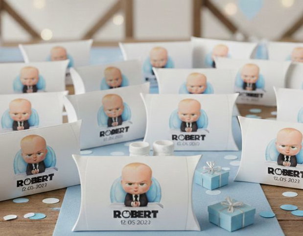 Cutiuțe Baby Boss pentru mărturii botez băiețel  model perniță, personalizate