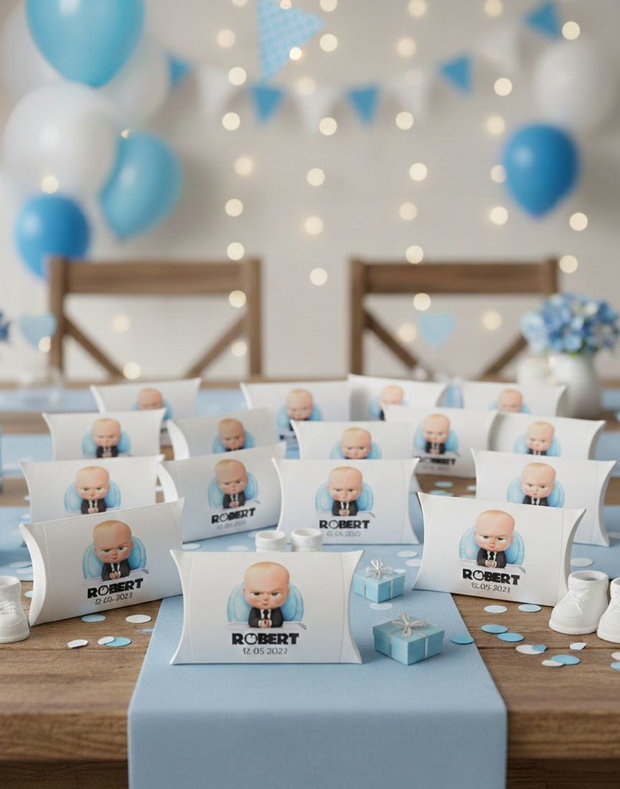 Cutiuțe Baby Boss pentru mărturii botez băiețel  model perniță, personalizate