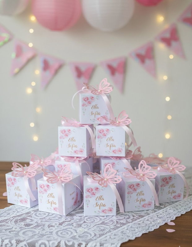 Cutiuțe cu motiv floral și fluturaș pentru mărturii botez fetițe