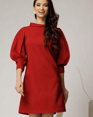 Rochie rosie cu maneci bufante si guler maxi