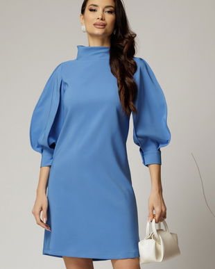Rochie bleu cu maneci bufante si guler maxi