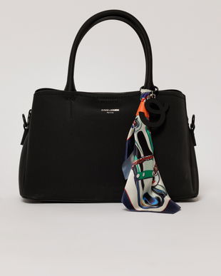 Geanta neagra cu esarfa decorativa multicolora