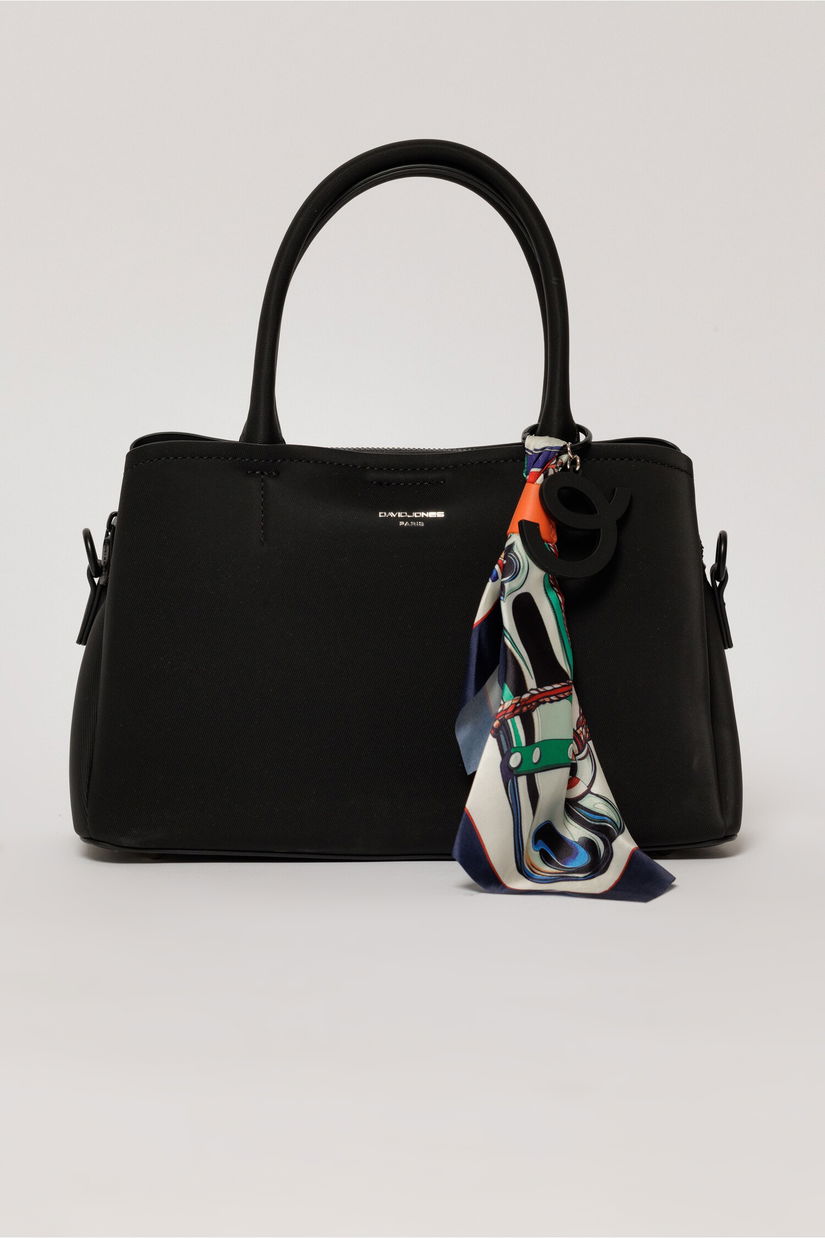 Geanta neagra cu esarfa decorativa multicolora