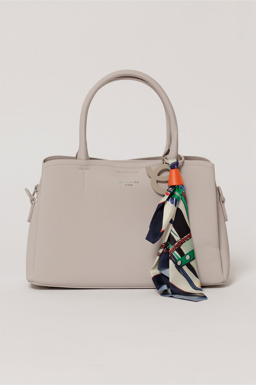 Geanta lila cu esarfa decorativa multicolora