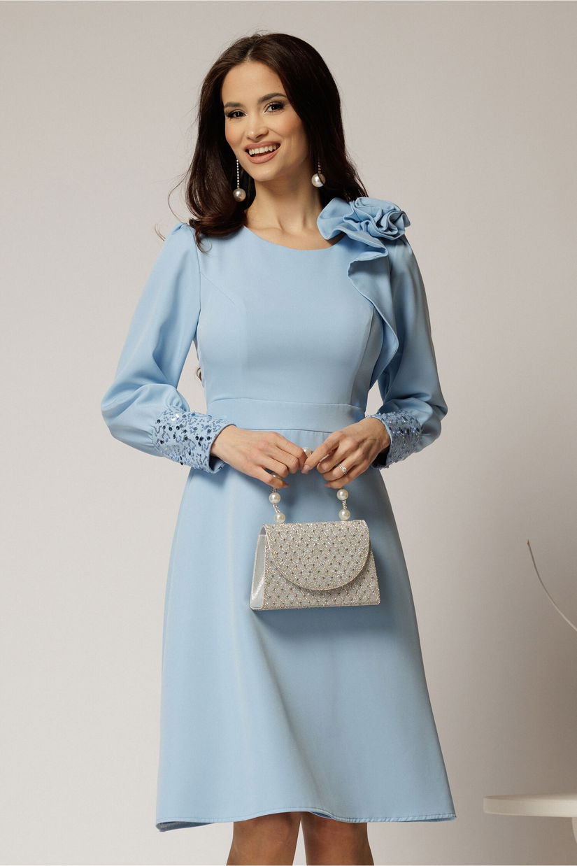 Rochia DY Fashion bleu cu mansete din paiete si funda ampla pe umar
