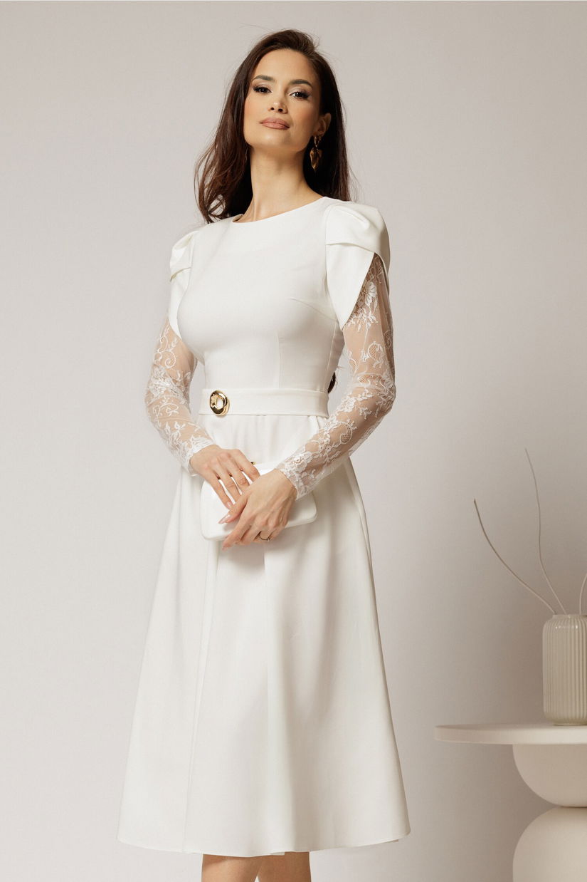 Rochie midi alba cu maneci din dantela si cordon detasabil
