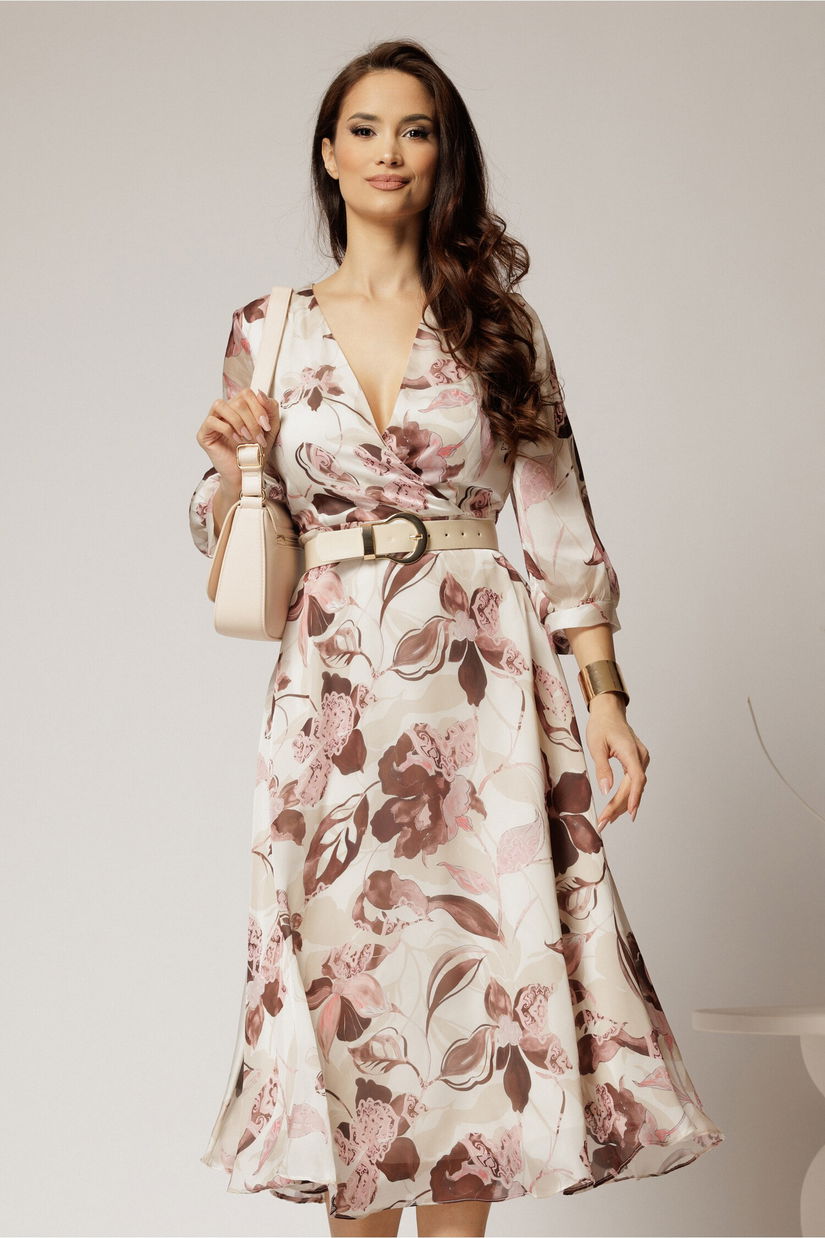 Rochie midi ivoar din voal usor satinat cu imprimeuri si decolteu petrecut