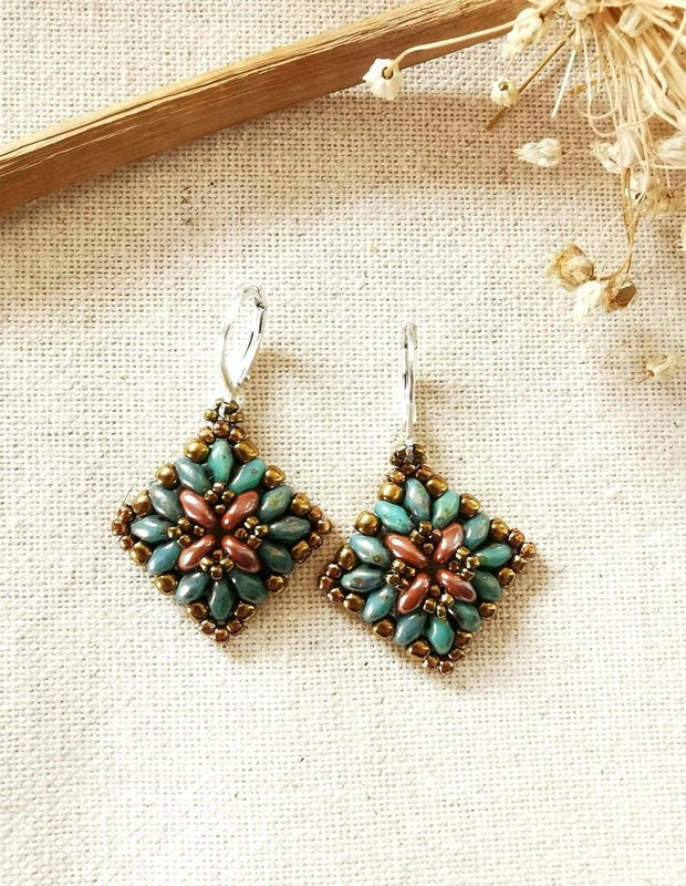 Cercei boho dangle din margele SuperDuo si Miyuki, cu tortite din argint 925