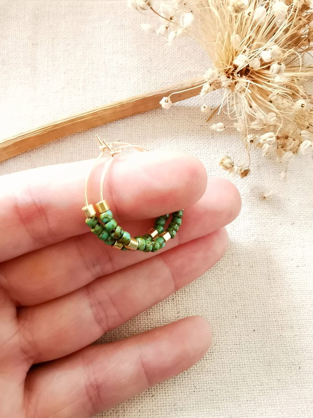 Cercei boho verde turcoaz cu Miyuki si Toho cerc placat cu aur 14K
