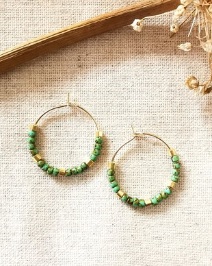 Cercei boho verde turcoaz cu Miyuki si Toho  cerc placat cu aur 14K