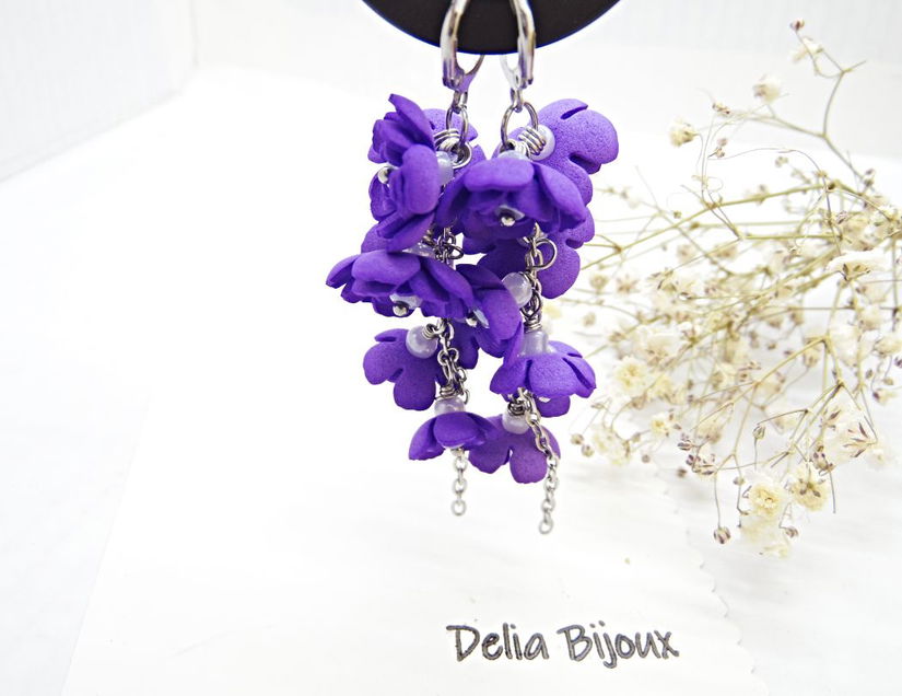 Cercei Handmade unicat cu flori mov (cod1383)