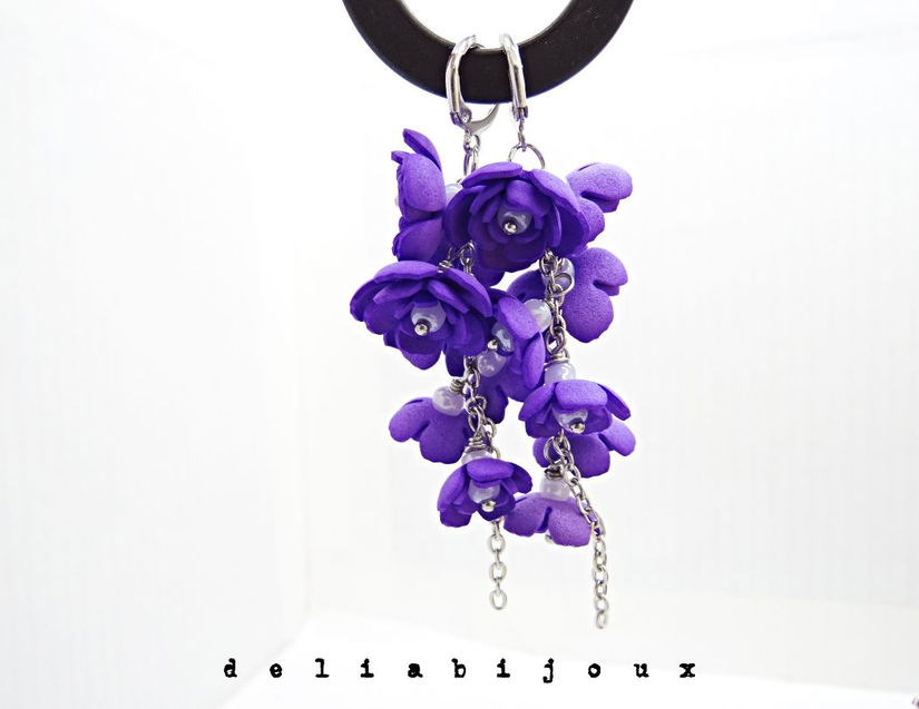Cercei Handmade unicat cu flori mov (cod1383)