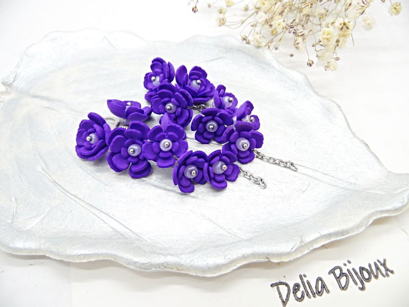 Cercei Handmade unicat cu flori mov (cod1383)
