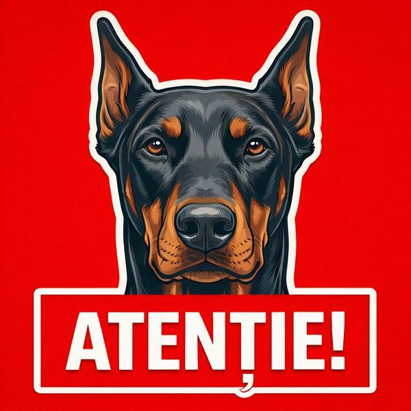 Banner indicator avertizare Atentie Caine Doberman 30x30cm