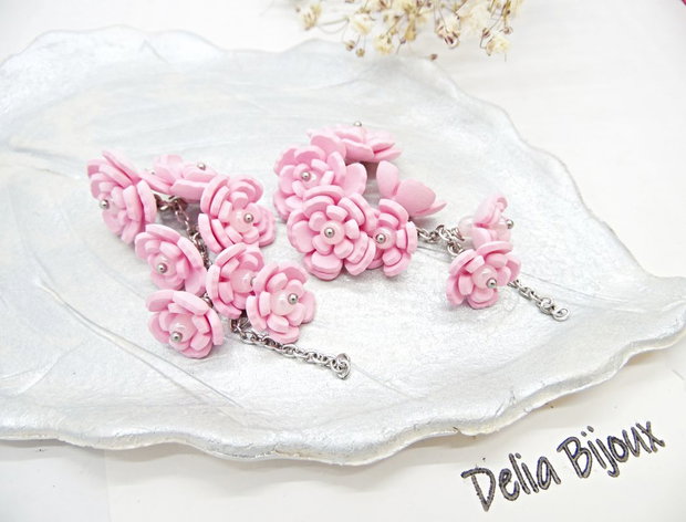 Cercei Handmade unicat cu flori roz (cod1385)