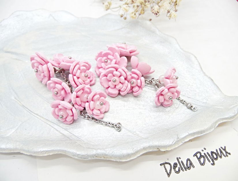 Cercei Handmade unicat cu flori roz (cod1385)