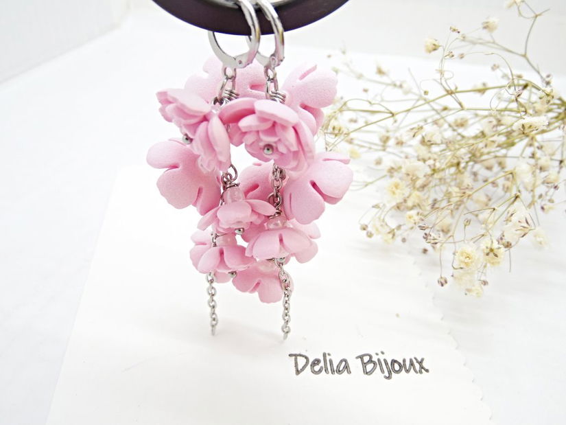Cercei Handmade unicat cu flori roz (cod1385)