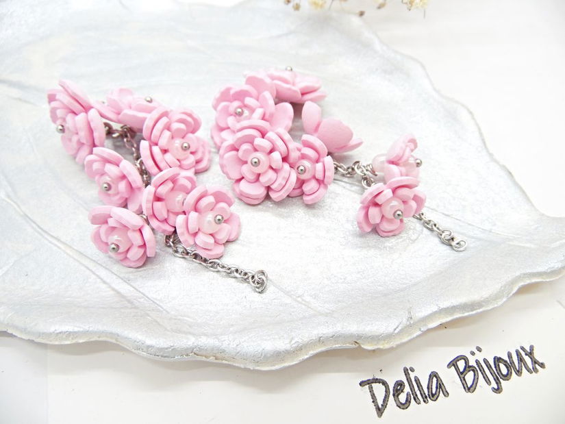 Cercei Handmade unicat cu flori roz (cod1385)