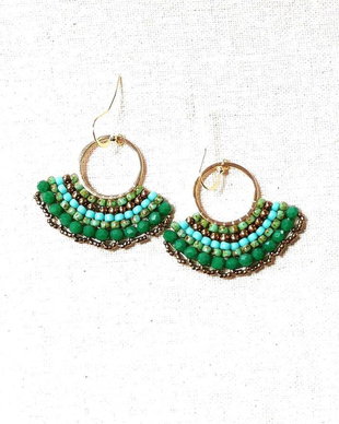 Cercei Verzi Boho Dangle evantai in tehnica peyote cu tortite placate cu aur 14k
