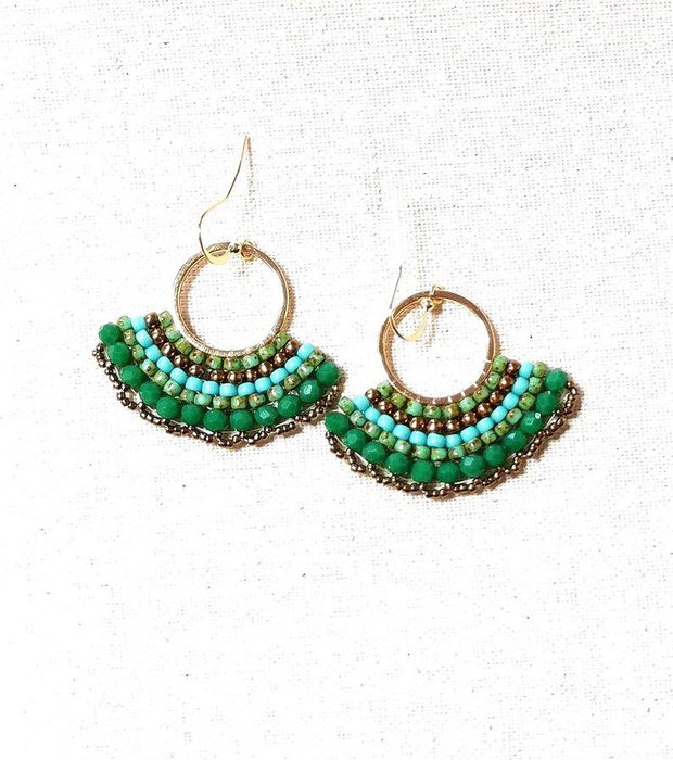 Cercei Verzi Boho Dangle evantai in tehnica peyote cu tortite placate cu aur 14k