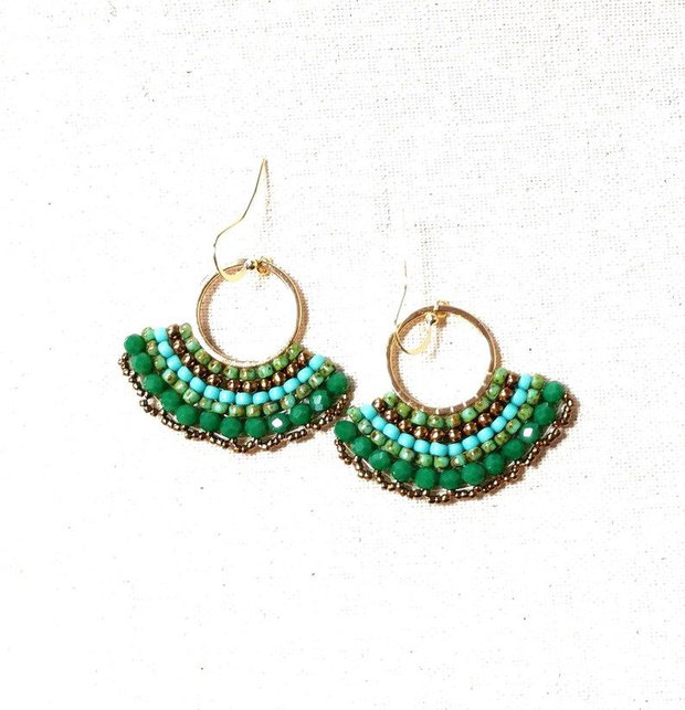 Cercei Verzi Boho Dangle evantai in tehnica peyote cu tortite placate cu aur 14k