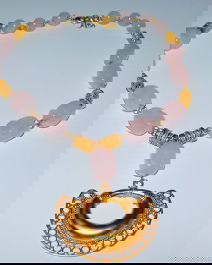 Bijuterii Precolumbiene - colier  masiv ,  cuart roz, placat aur  24 K